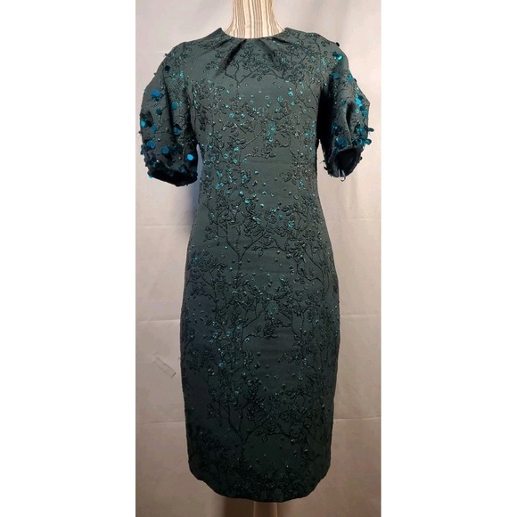 Teri Jon by Rickie Freeman Emerald Green Sequinced Puff Sleeve Shift Dress Sz 4